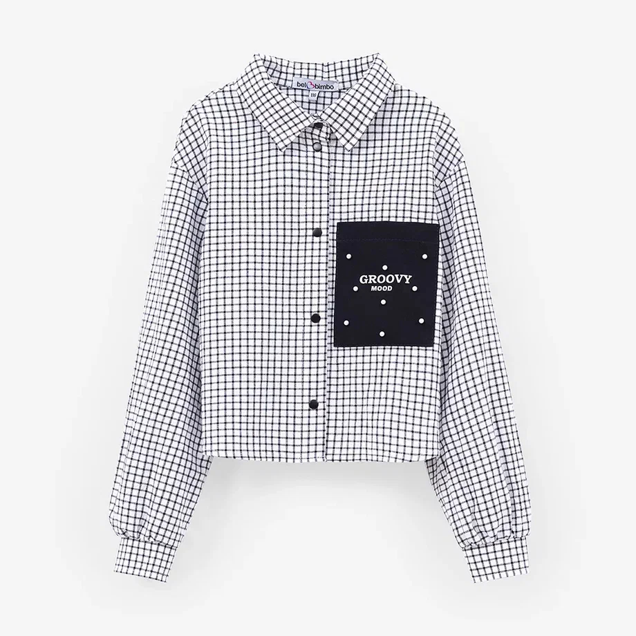Укороченная блузка-рубашка в клетку для девочки